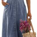 ebossy Stretchy Smocked Denim Dress for Women Sleeveless Babydoll Button Down Midi Long Jean Dresses (Medium, Light Blue)