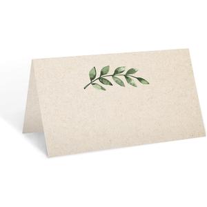 321Done Greenery Place Cards, Made in USA - 3.5x2, Blank Tent Cards for Name Food Table Setting Dinner Party Seating Wedding Rustic Green Leaves in Tan - Set of 50