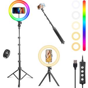 UEGOGO 10'' Ring Light with 72'' Tripod Stand & Phone Holder，38 Color Modes Dimmable LED Ringlight for Live Stream, YouTube,Makeup,TikTok