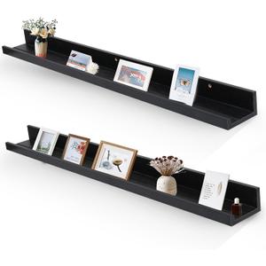 Muzilife 45.3" Large Floating Wall Ledge Shelves with Lip - Set of 2 Wood Floating Shelves - Black Wall Mounted Picture Ledge for Office, Bathroom, Bedroom, Living Room, Kitchen