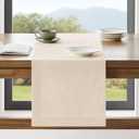 ZeeMart Linen Textured Border Table Runner, 14 x 48 Inch Cream, Farmhouse Style Cream Table Runners 48 Inches Long, Easy Care Everyday Polyester Table Runner