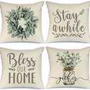 GEEORY Farmhouse Decor Pillow Covers 18x18 Inch Set of 4 Eucalyptus Wreath Bless Our Home Decorative Throw Pillow Covers Stay a While Cushion Case Pillow Case for Couch Sofa