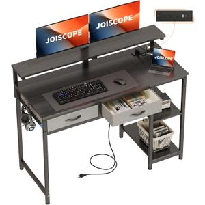 JOISCOPE Home Office Desk with Power Outlets (3AC, USB, Type-C), 48  20 Inch Computer Desk with 2 Drawers & Shelves, Laptop Table with Display Riser, Gaming Study Drafting Table for Bedroom, Black