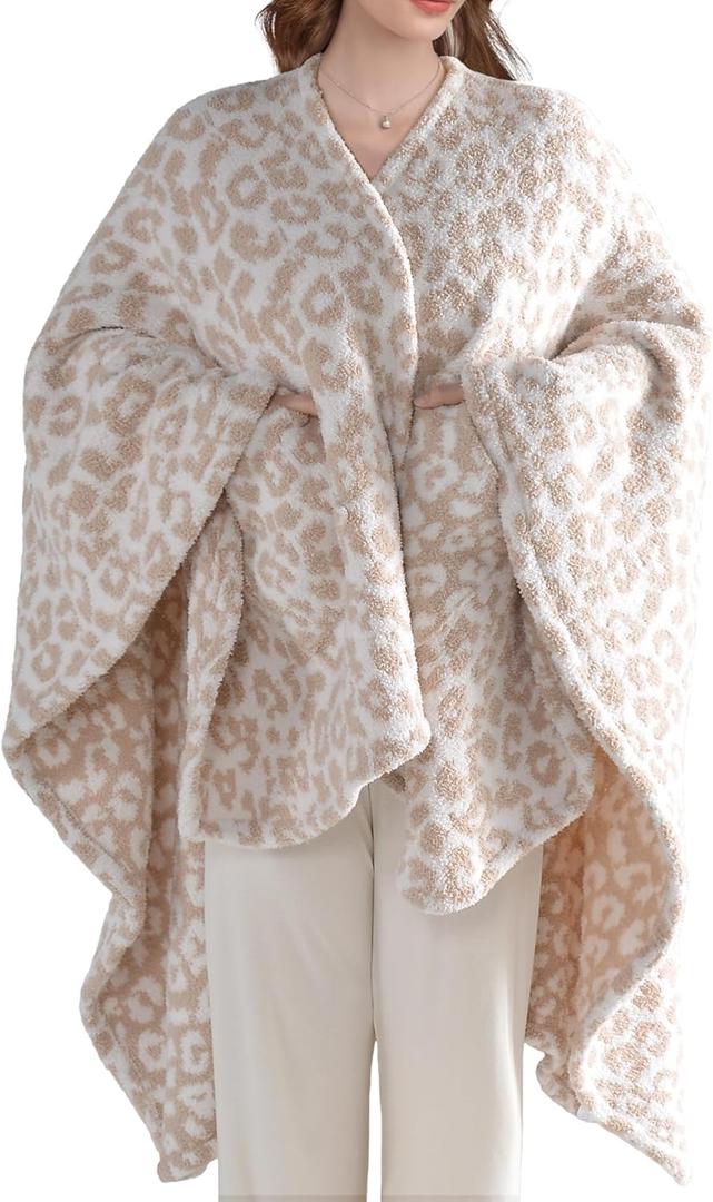 JOOJA Wearable Blanket Super Soft Feather Yarn Blanket Shawl with Pockets Fuzzy Throw Blanket TV Blanket for Adults Teens (Cheetah Beige)