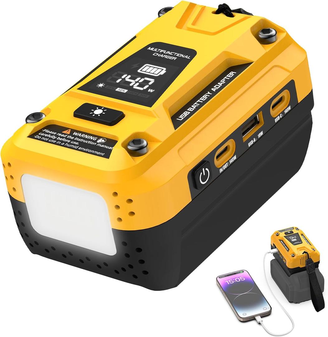 140W Battery USB Charger Compatible with Dewalt 20V Battery, Fast Charger Adapter Replacement, Featuring 2 PD3.1 USB-C Ports, 1 QC18W USB-A Port, 700LM LED for Outdoor Jobsite Camping(Adapter Only)