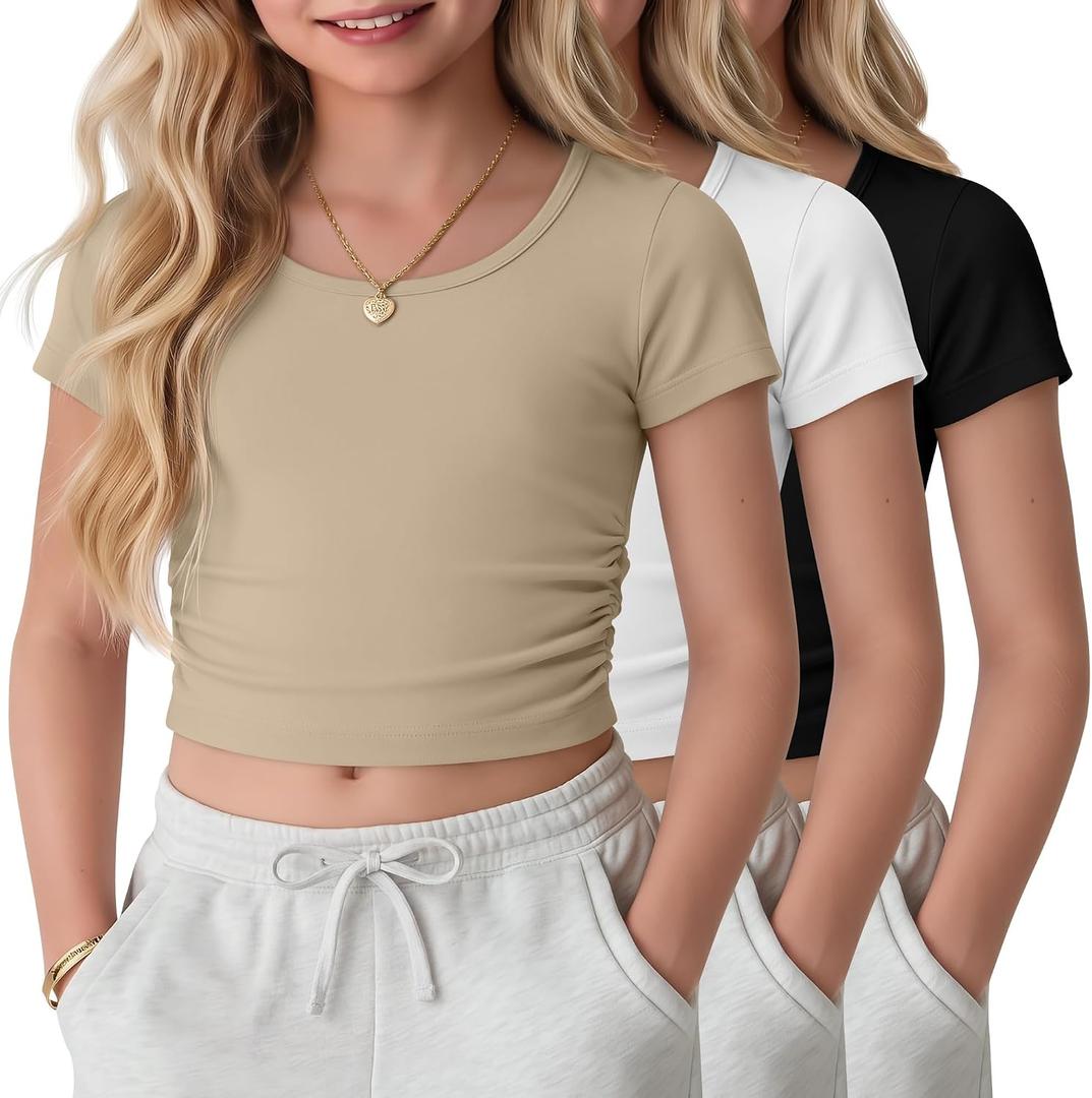 3 Pack Teen Girls Fitted Crop Tops | Short Sleeve, Round Neck, Cute Tees, Summer, Ruched, Basic Tops, Soft, Trendy, School Outfit, Youth, Activewear, Sizes 5-16