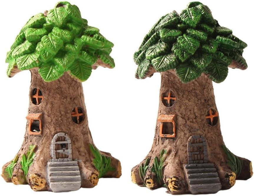 2PC Resin Fairy Tale Treehouse Figurine, Miniature Garden Gnome Home, Plant-Themed Collectible for Indoor/Outdoor Decor & DIY Bonsai/Fairy Garden