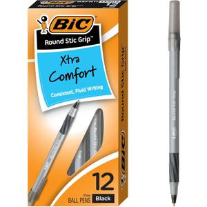 BIC Round Stic Grip Xtra-Comfort Ballpoint Pens, Medium Point, 1.2 mm, Gray Barrel, Black Ink, Pack Of 12 Pens