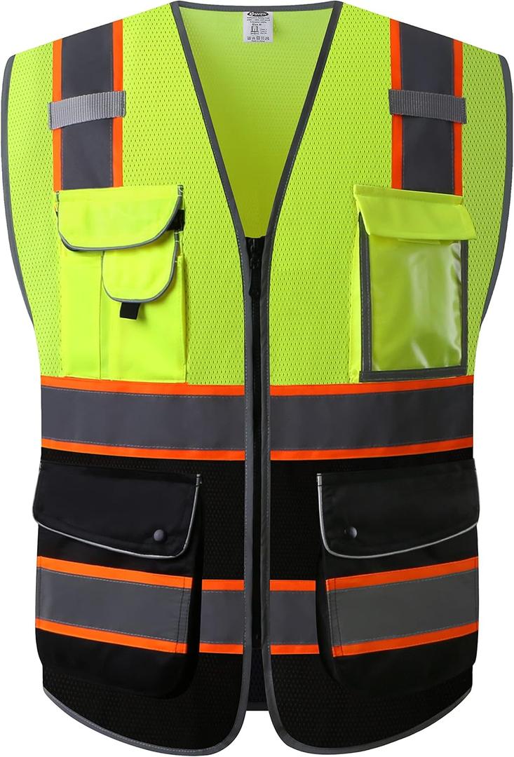 JKSafety 9 Pockets Class 2 High Visibility Dual Color Zipper Front MESH Lite Safety Vest | Orange Color Triming Reflective Strip | ANSI/ISEA Standards (100-Yellow-Black, M)