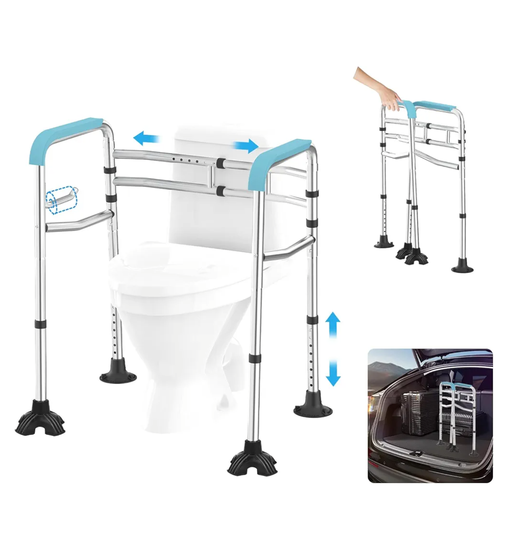 Upgraded Toilet Safety Rail, 380LB Stainless Steel Toilet Frame with Non-Slip Handles & Paper Holder, Adjustable Detachable Handicap Toilet Rails, Foldable Toilet Support Frame for Elderly