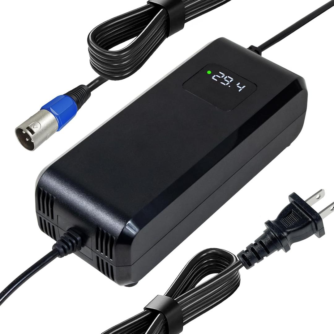 29.4V 5A Lithium Battery Charger 3-Pin XLR Connector for 24v/25.2v Li-ion Battery Pack24V Power Charger Adapter with Display Screen Fast Charging, Built-in Fan for Cooling
