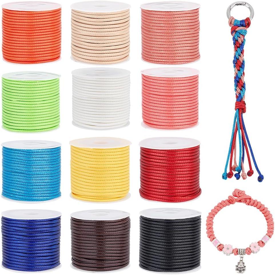  PH PandaHall 132 Yards 12 Colors 2mm Waxed Polyester Cord Waxed Thread Waxed Beading String for Bracelet Necklace Waist Beads Jewelry DIY Craft Making Macrame Supplies, 11 Yards/Roll