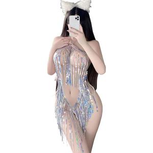 SNOMYRS Rave Outfits for Women Sexy Sequins Fringe Mini Skirt Bodysuit Music Dance Festivals Halloween Cosplay Lingerie, Size: M