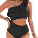 Women One Piece Cutout Swimsuits - One Shoulder Ruffle Cut Out Bathing Suit Swimwear Monokini 2025 (Large, Black)