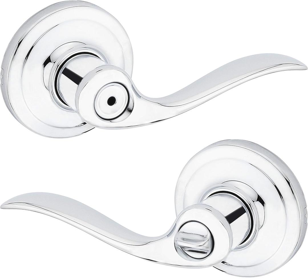 Kwikset Tustin Interior Privacy Door Handle with Lock, Door Lever For Bathroom and Bedroom, Polished Chrome Reversible Keyless Turn Lock