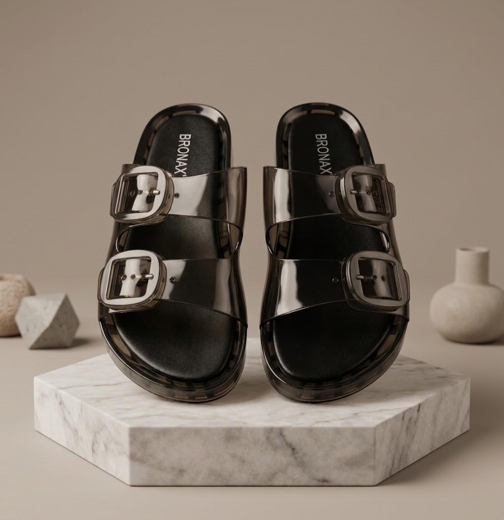 BRONAX Women's Double Buckle Size 7 Clear Jelly Sandals Black