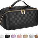Large Capacity Travel Cosmetic Bag - Portable Makeup Bags for Women Waterproof PU Leather Checkered Makeup Organizer Bag with Dividers and Handle,Toiletry Bag for Cosmetics (EXP 12/25/36)