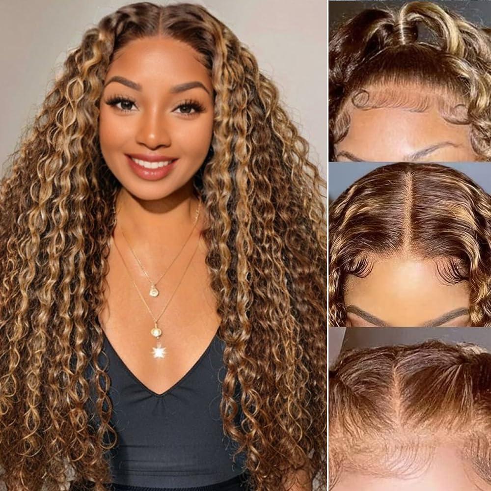 26inch Highlight 13x6 Transparent HD Lace Front Wig Wet and Wavy Human Hair Ombre Honey Blonde Water Wave Curly Lace Frontal Wigs for Women Pre Plucked with Baby Hair 150% Density P4/27 Color