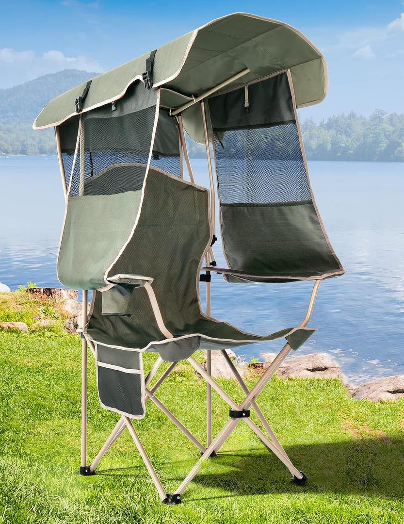 Docusvect Folding Camping Chair with Shade Canopy for Adults, Canopy Chair for Outdoors Sports with Cup Holder, Side Pocket for Camp, Beach, Tailgates, Fishing - Support 330 LBS, Adult Size