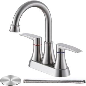 Brushed Nickel Bathroom Faucet, 2-Handle Lead-Free 360 Swivel High-Arc Spout 4 Inch Centerset Bath Lavatory Vanity Sink Faucets Set for Sinks with Drain & Water Hoses, VABM80008L