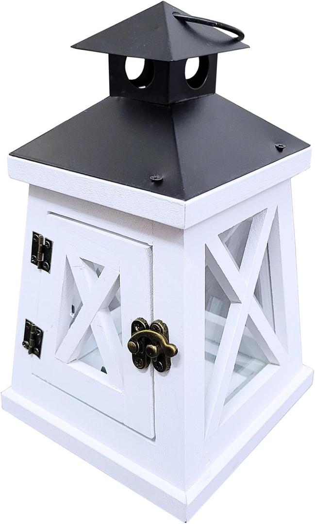 Vintage Wooden Decorative Lantern Castle Candle Holder Rustic Farmhouse Wedding Centerpiece Lantern for Table Mantle Wall Hanging Display Party Home Decor Indoor Outdoor X'Mas (White Color)