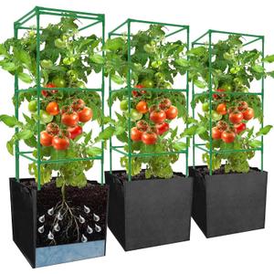 3 Packs 47 x 16 x 16 Inch Garden Tomato Cages with 17.7 Gallon Grow Bags- Square Plant Support Trellis Assembled with Planter Bags- Garden Cucumber Vegetables Frames for Vertical Climbing Plants