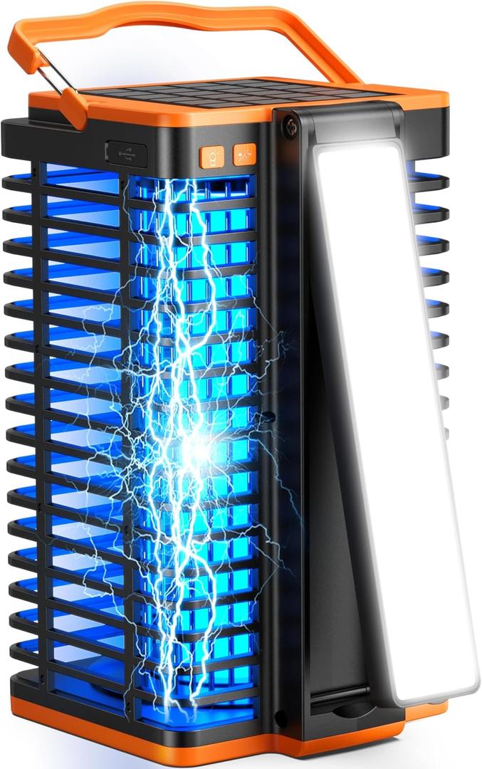 Solar Bug Zapper Outdoor,2 in 1 Mosquito Zapper Cordless & Rechargeable, 4200V Portable Fly Zapper Insect Trap with Reading Lamp for Camping Patio Backyard Garden (orange+black)