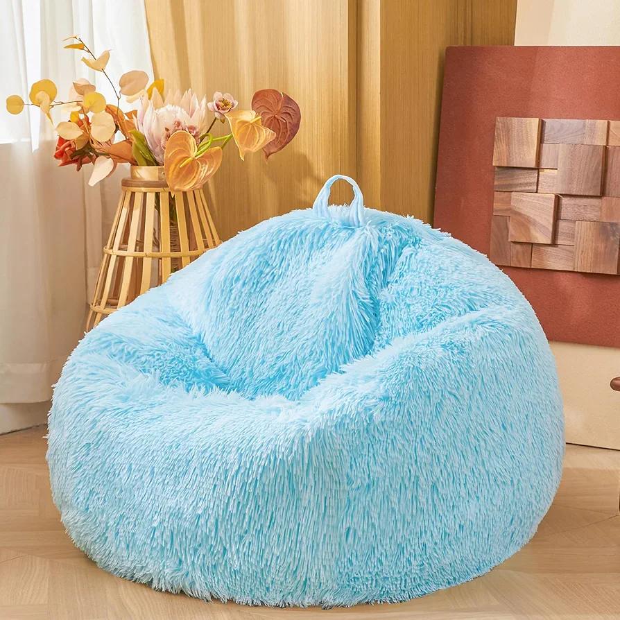 Plush Fuzzy Fluffy Blue Bean Bag Chair Covers – Soft Furry Shaggy Blue Bean Bag Chair Cover for Kids Girl, Stuffed Animals Bean Bag Storage, No Filler, 38"x38"x40