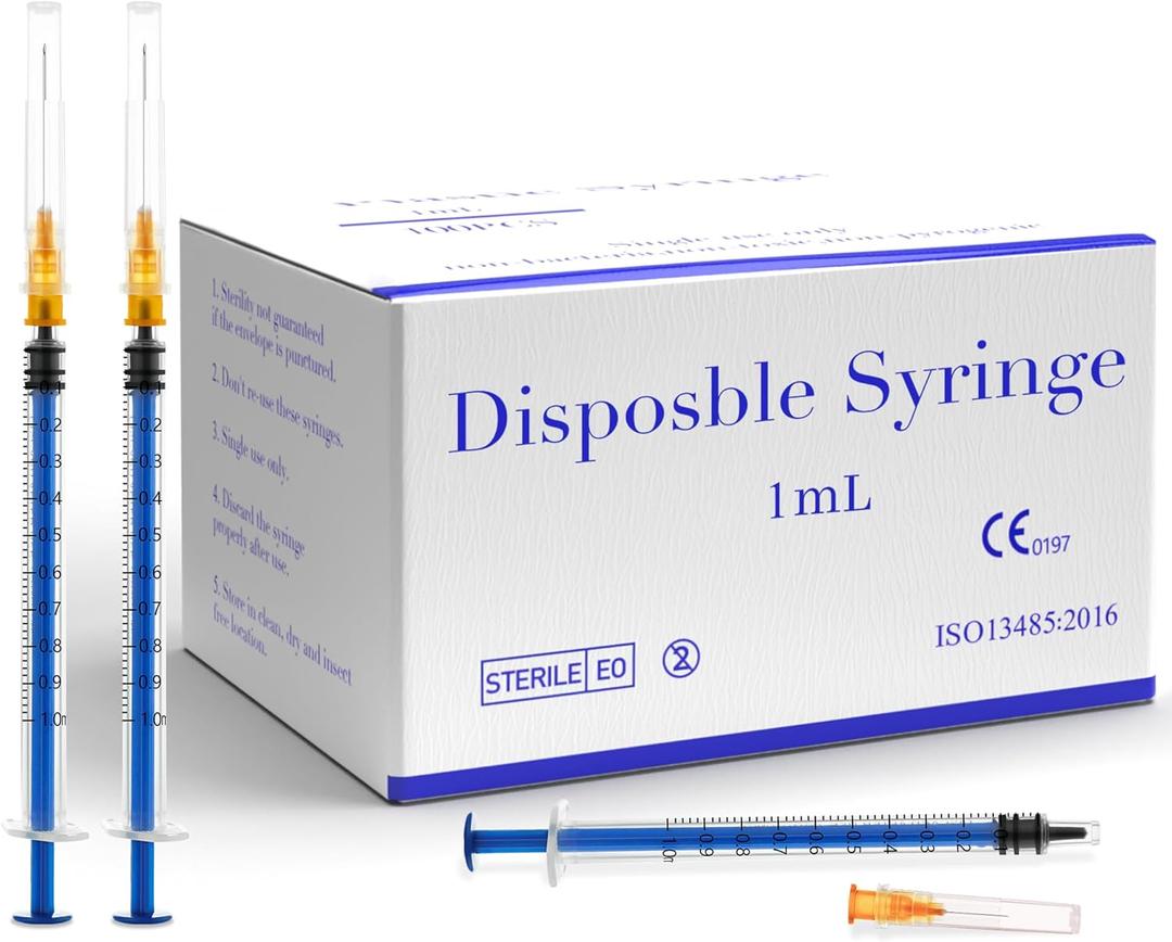 100Pack 1ml Disposable Luer Lock Lab Syringes with 25G 1Inch Needle,Individually Packed