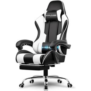GTPLAYER Gaming Chair, Computer Chair with Footrest and Lumbar Support, Height Adjustable Game Chair with 360-Swivel Seat and Headrest and for Office or Gaming (White)