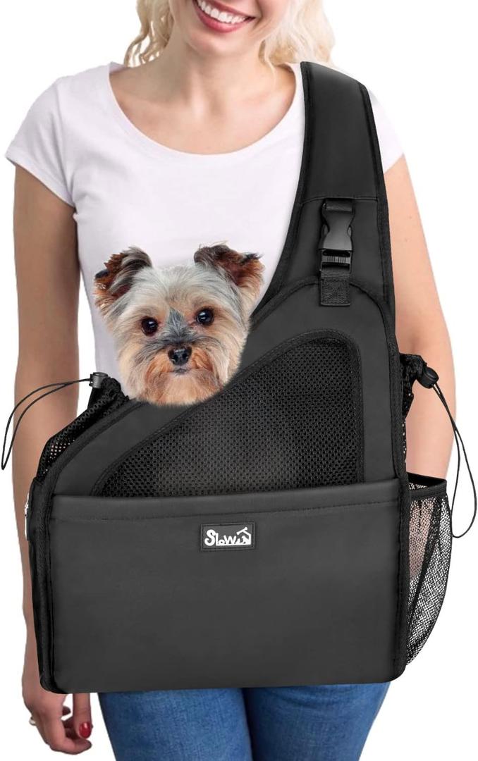 SlowTon Pet Dog Sling Carrier, Hands Free Hard Bottom Papoose Small Animal Puppy Up to 12 lbs Travel Bag Tote Breathable Mesh Support Adjustable Padded Strap Pocket Safety Belt Machine Washable (Black)