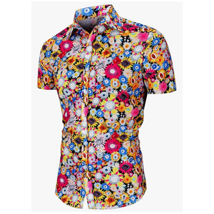 QZH.DUAO Mens 70s Disco Party Shirts Casual Paisley Button Down Shirt Vintage Floral Hawaiian Beach Short Sleeve Shirt (Small)