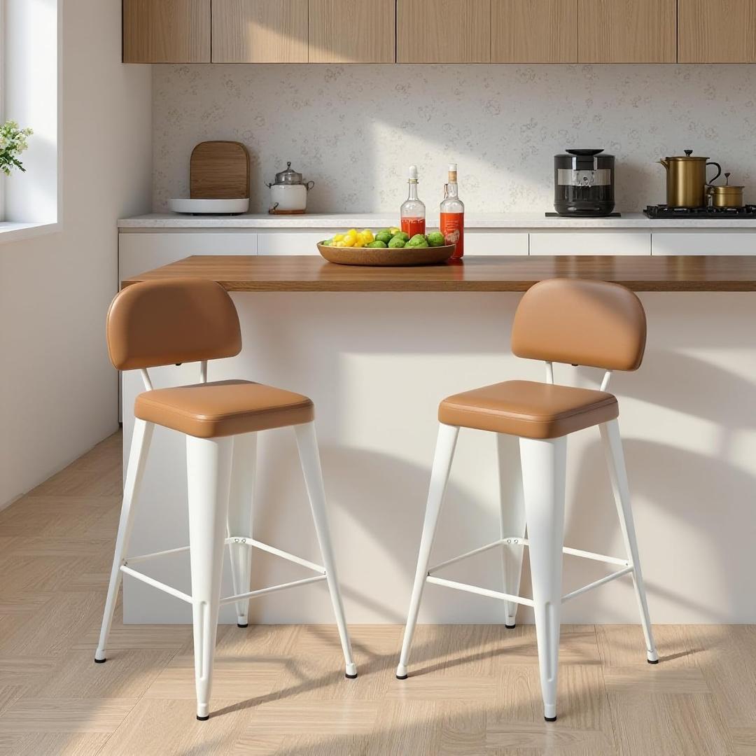 24 Inch Metal Bar stools Set of 2, Upholstered Bar Stools with Removable Back & Metal Legs, Industrial Barstools for Kitchen Island, Cafe 
(Brown Seat, White Legs)