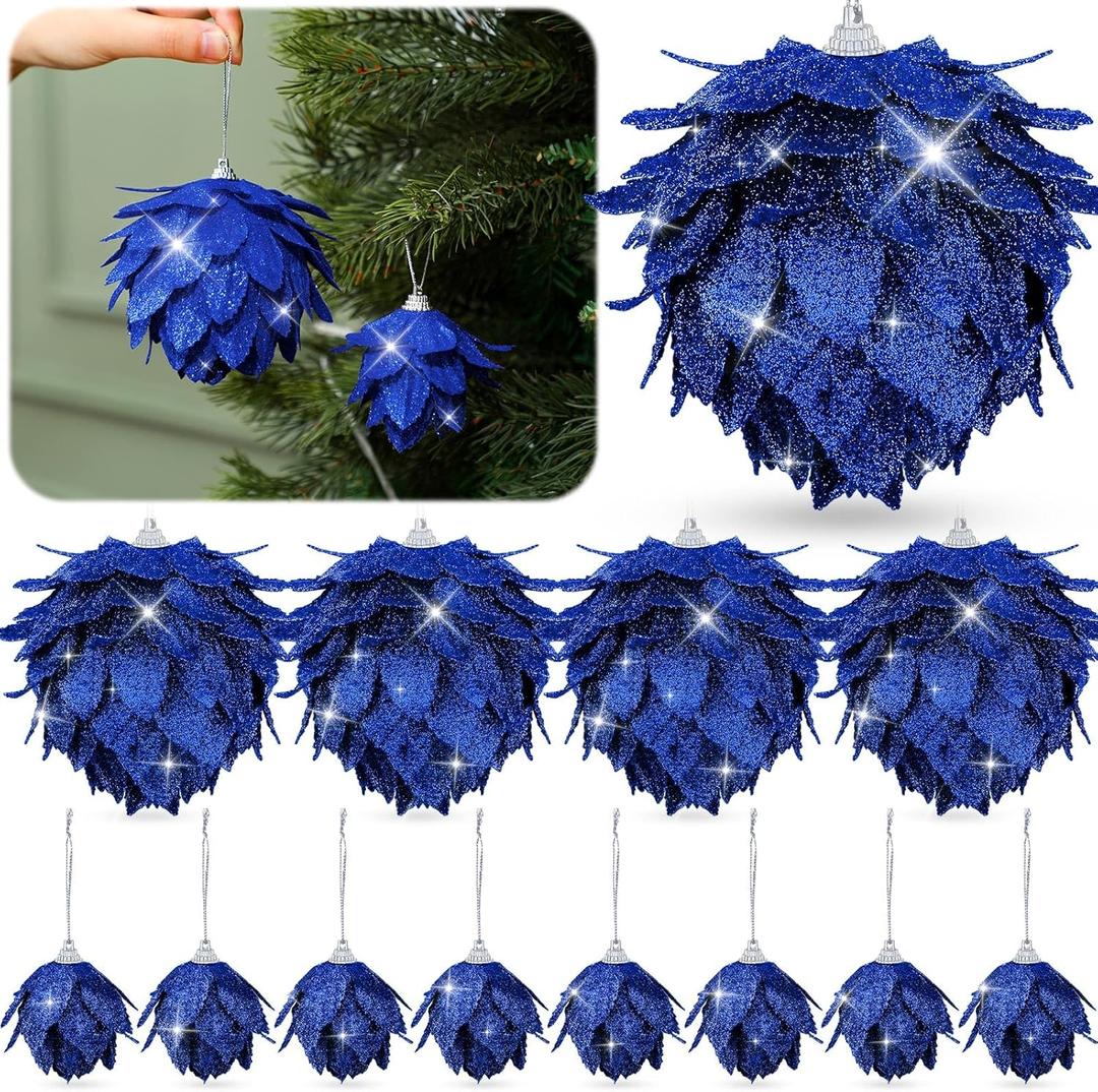 Syhood 12 Pcs Christmas Ball Ornaments Glitter Pinecone Balls Xmas Tree Decoration Hanging Pinecone Ornaments Rustic Pine Cones for Xmas Winter Party Holiday Wedding Home Decorations(Royal Blue)