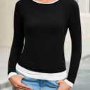 Cicy Bell Womens Long Sleeve Tops Patchwork Crewneck Slim Fit Shirts Going Out Casual Fall Basic Tees (Black, M)