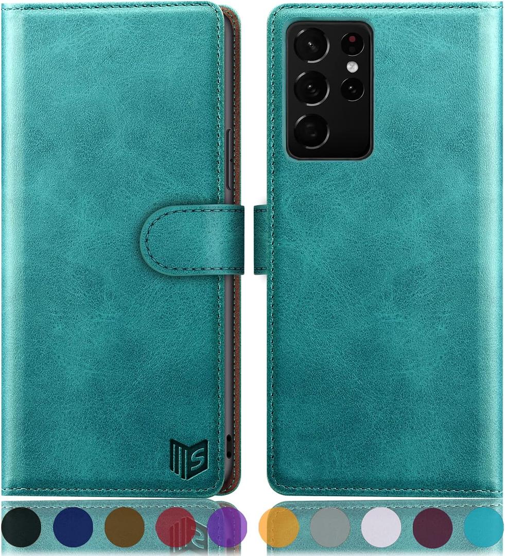 SUANPOT for Samsung Galaxy S21 Ultra 6.8" with RFID Blocking Leather Wallet case Credit Card Holder,Flip Folio Book Phone case Shockproof Cover Women Men for Samsung S21 Ultra case Wallet Blue Green