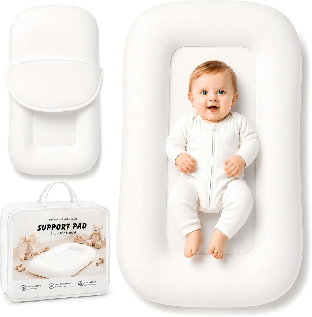Baby Lounger for Newborns 0-24 Months, Soft Breathable Cotton Infant Support Cushion for Tummy Time & Play, Portable Tummy Time Mat, Baby Essentials -White (Cover Included