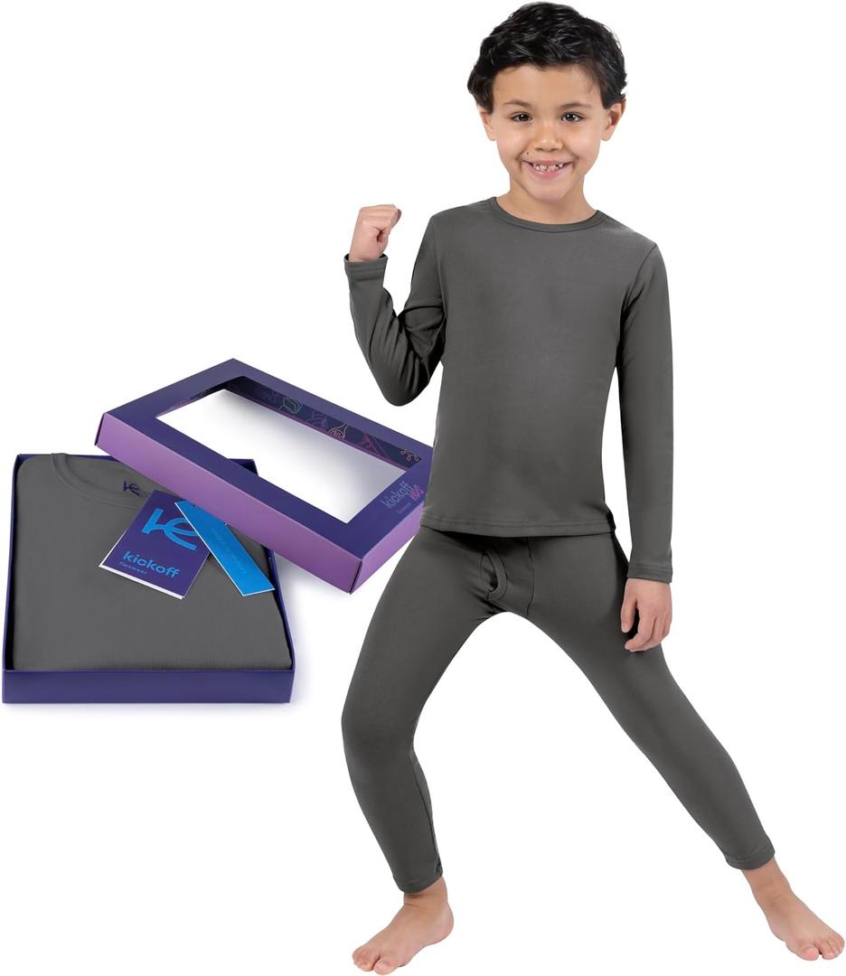 Thermal Underwear for Kids Boys Thermals Top & Bottom Set Long Underwear Base Layer Pajamas (Gray)