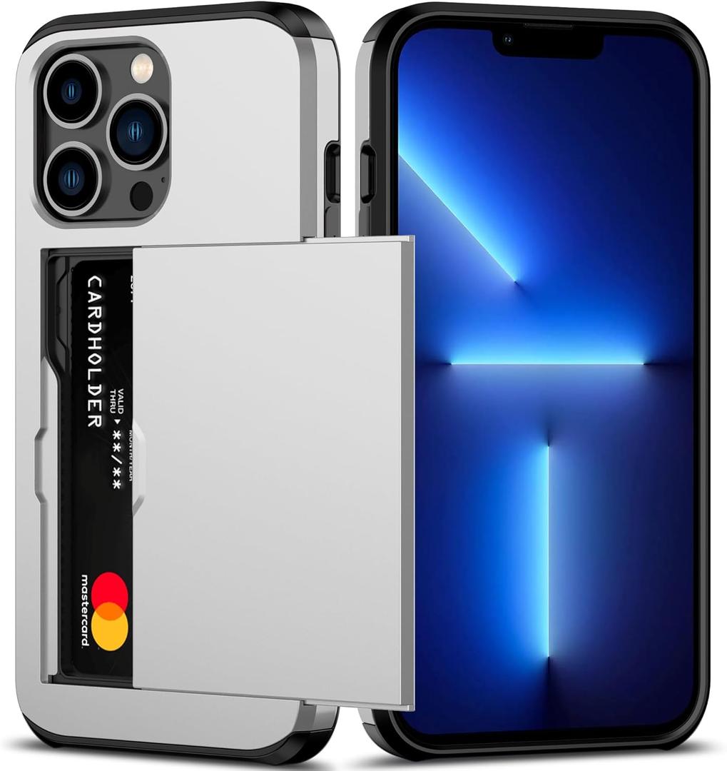 Nvollnoe for iPhone 13 Pro Case with Card Holder Heavy Duty Protective Dual Layer Shockproof Hidden Card Slot Slim Wallet Case for iPhone 13 Pro for Men&Women(Silver)