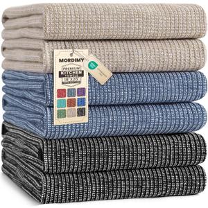 Mordimy Premium Kitchen Towels 6 Pack (18 x 28 Inches, Navy Blue/Khaki/Black), Large Cotton Flat & Terry Kitchen Hand Towel, Super Absorbent Tea Dishtowels Set with Hanging Loop