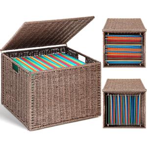 Cinnvoice Extra Large Decorative File Box 18 x 16 x 13 in Wicker Seagrass File Basket Organizer for Letter Legal Size Hand Woven Hanging Filing Cabinet with Lid for Office Paper Rope, Dark Brown
