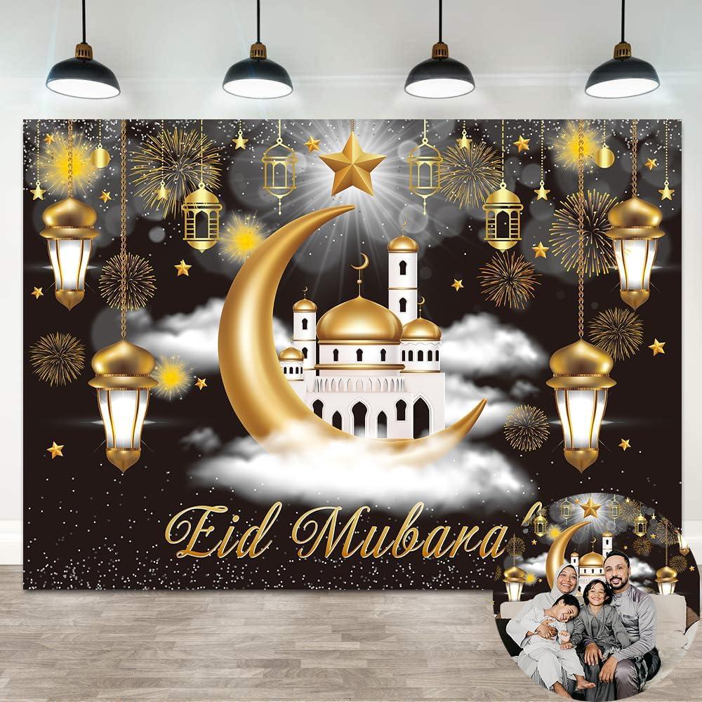 Eid Mubarak Backdrop Black Gold Moon Star Castle Muslim Islamic Kareem Ramadan Mubarak Photography Background Eid Al-Fitr Indoor Outdoor Home Festival Party Decorations (Black, 7x5FT)
