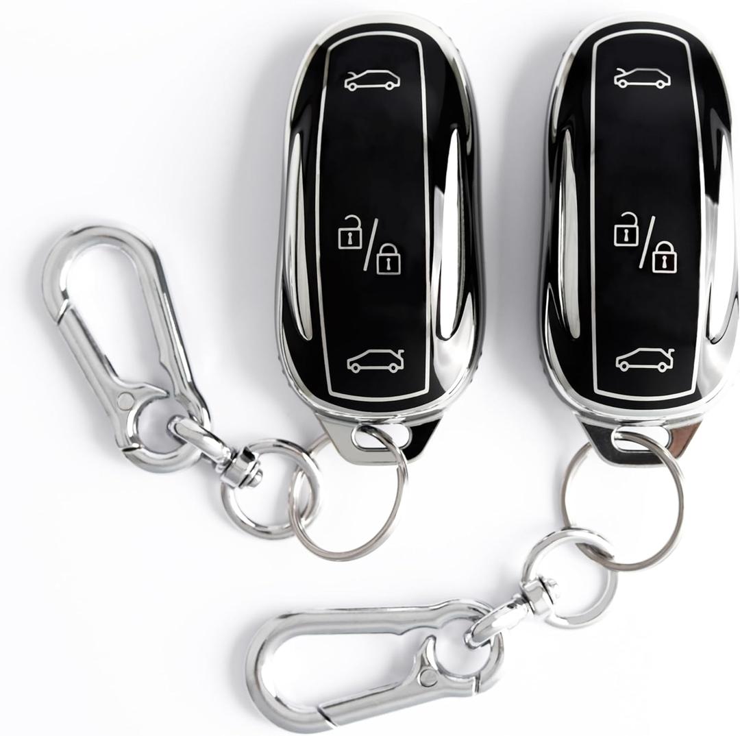 2Pcs Key Fob Cover for Tesla Model X. TPU Car Key Case Protector with Anti-Loss KeychainBlack