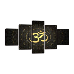 Hindu Om Symbol Wall Decor for Living Room 5 Panels Buddha Yoga Circle Golden Pictures Canvas Painting Home Decoration Wooden Poster Artwork Stretched and Framed Ready to Hang (60¡±Wx32¡±H)