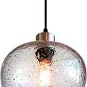 CASAMOTION Pendant Lighting Handblown Glass Drop Ceiling Lights, Modern Rustic Hanging Light Clear Seeded Glass with Black Marble, Brushed Nickel Finish 8.7 Inch Diameter
