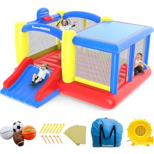 [Upgrade Version] PicassoTiles KC102 12x10 Foot Inflatable Bouncer Jumping Bouncing House, Jump Slide, Dunk Playhouse w/Basketball Rim, 4 Sports Balls, Full-Size Entry, 580W ETL Certified Blower
