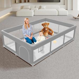 Baby Playpen 74x50 inch, Playpen for Babies and Toddlers, Baby Play Pen Design with External Zipper Gate, Play Yard with Non-Slip Suction Cups on The Bottom (745026 Inch, Grey)