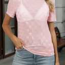 Women's Mesh Lace Top Sheer Short Sleeve T Shirt Mock Neck Summer Blouses (Pink, M)