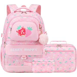 Makukke Backpack for Girls 3PCS School Set with Lunch Bag & Pencil Case, Cute Bookbag for Elementary & Middle School (Pink)