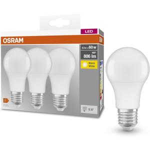 OSRAM Base Classic A 60 FR LED Bulb with E27 Socket, Bulb, Pack of 3, 8.5 W, 806 lm, 2700 K, Warm White Light, Lower Heat Generation, Very Low Energy Consumption, Long Life